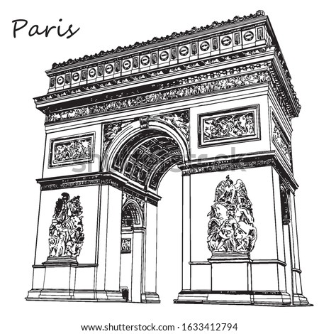 The Arc de Triomphe is one of the main symbols of Paris and France. Vector highly detailed hand-drawn illustration in the engraving style, isolated on white. Royalty-Free Stock Photo #1633412794