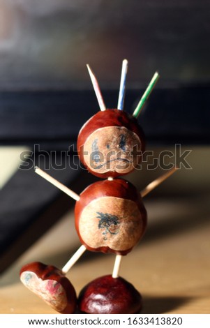 A funny chestnut on a table, selective focus, shallow depth of field