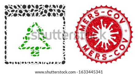 Mosaic fir tree calendar page icon and red round corroded stamp seal with Mers-Cov phrase and coronavirus symbol.