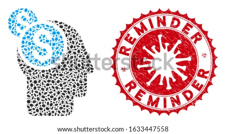 Mosaic business thinking icon and red rounded distressed stamp seal with Reminder phrase and coronavirus symbol. Mosaic vector is designed with business thinking icon and with random ellipse spots.