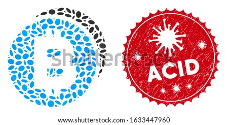 Mosaic Bitcoin coins icon and red rounded rubber stamp seal with Acid text and coronavirus symbol. Mosaic vector is composed with Bitcoin coins icon and with random oval elements.