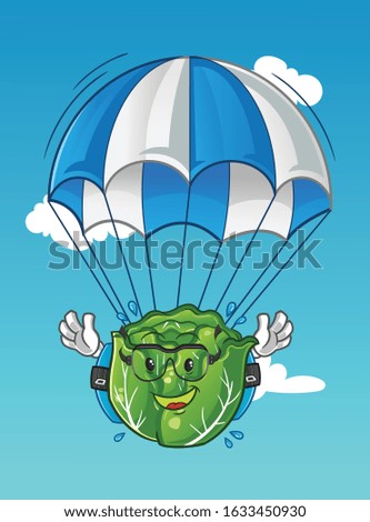 cabbage skydiving cartoon with parachutes and glasses. cartoon mascot vector