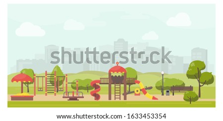Kids playground in city park flat illustration. Stock vector. Playground design with slide, swing, carousel, sandbox. Public park landscape.