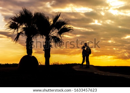 Silhouette of loving couple, palm trees and antique amphora. Happy young couple are hugging at sunset.