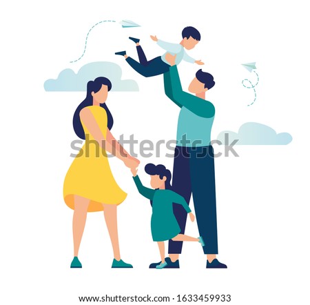 vector illustration of a happy family, mother father daughter son holding hands and hugging, complete prosperous family vector Royalty-Free Stock Photo #1633459933