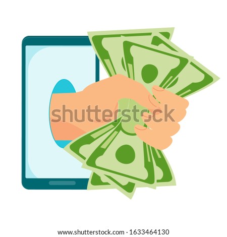 Hand with a wad of money protrudes from a mobile phone. Money transfer using mobile device, payment app. Internet banking, contactless payment, financial transactions around world. Flat vector concept
