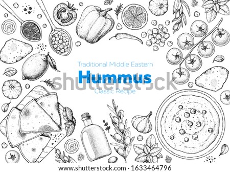 Hummus cooking and ingredients for hummus, sketch illustration. Middle eastern cuisine frame. Healthy food, design elements. Hand drawn, package design. Middle eastern food. Royalty-Free Stock Photo #1633464796