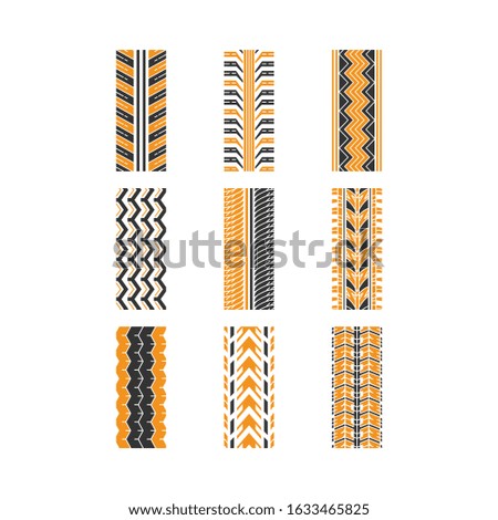 Track traces black and yellow RGB color icons set. Detailed automobile, motorcycle, bike tyre marks. Car summer and winter wheel trace. Vehicle tire trail. Isolated vector illustrations on white