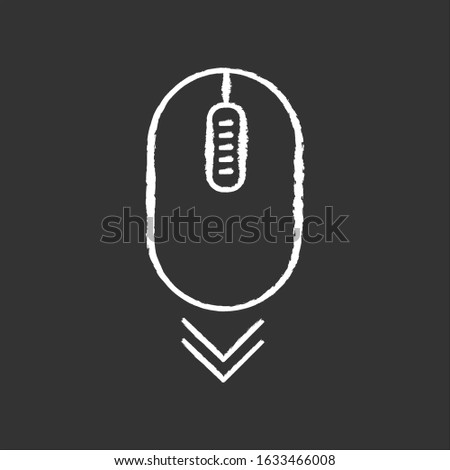 Scroll down mouse chalk white icon on black background. Internet page browsing and scrolling. Website pointer. PC mouse with buttons and wheel . Isolated vector chalkboard illustration