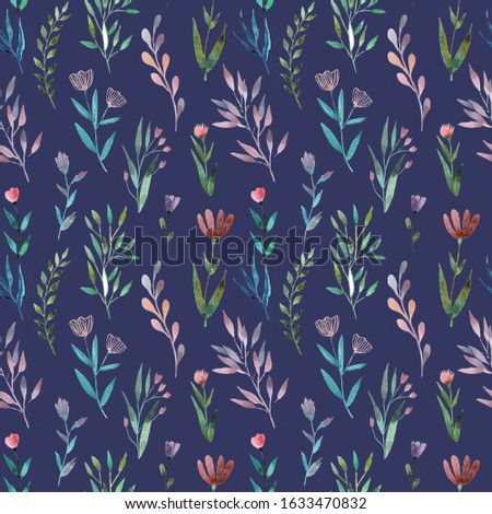 A seamless pattern, illustration with plants and flowers, on a blue background.