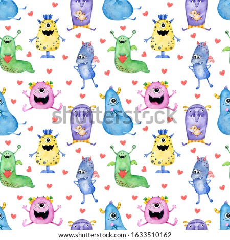 Watercolor seamless cute monster pattern. Hand-drawn colorful background illustration of funny cartoon monsters in love. Children's and Valentine's Day background.