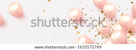 Festive background with helium balloons. Celebrate a birthday, Poster, banner happy anniversary. Realistic decorative design elements. Vector 3d object ballon, pink and rose color. flight up
