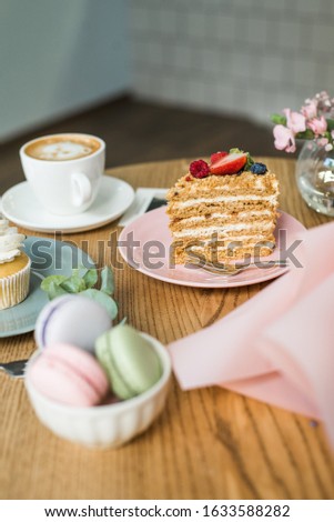 Delicious piece of cake on a plate in a cafe