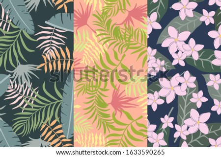Set of three tropical backgrounds with palm leaves. Seamless floral patterns. Summer vector illustrations. Flat jungle prints