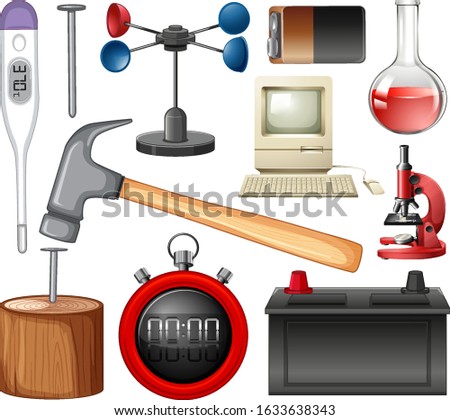 Large set of science equipments on white background illustration