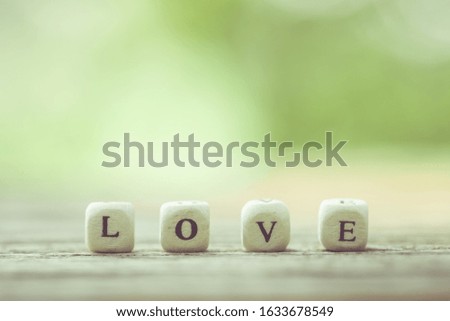 Macro LOVE word of white english alphabet letters on wooden plank