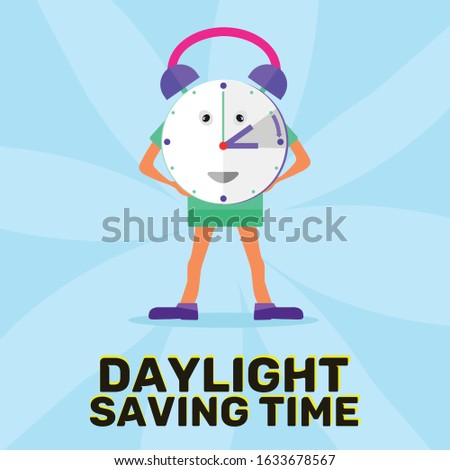 Daylight Saving Time vector concept with human clock figure standing and smiling, isolated in retro aquamarine background and Daylight Saving Time text