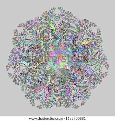 Vector hand-drawn mandala, colored abstract pattern on a gray, green and neutral colors.