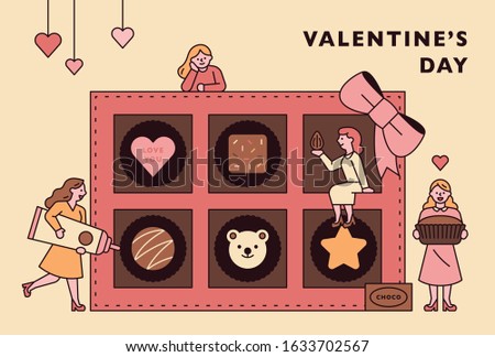 Pretty girls are holding chocolates around a huge box of chocolates. Chocolate advertising concept. flat design style minimal vector illustration.
