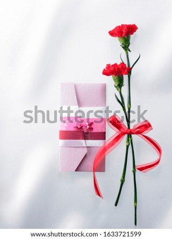 Carnations and gift coupons tied with ribbons in white background