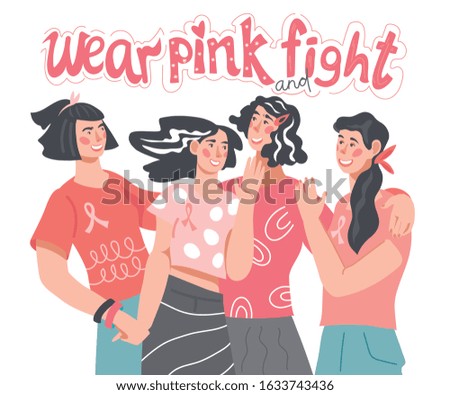 Women wear pink ribbons and t-shirts - banner for Breast Cancer Awareness Day. Motivational slogan to fight cancer, social support, solidarity and charity. Flat vector illustration isolated.