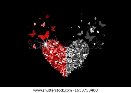 Heart red and silver glitter icon with glitter glow confetti butterflies on black background. For Valentine day, wedding invitations, cards, branding, logo, label, concept design. Vector illustration