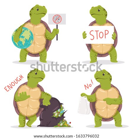 Plastic pollution vector concept characters with cartoon turtle and garbage.