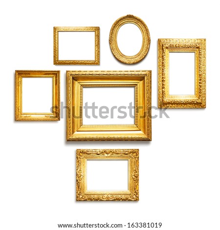 Set of six antique golden frames on white background