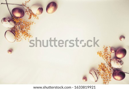 easter concept background with painted eggs on bright background