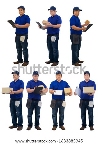 collection set of Full body asian delivery man working in blue shirt with Waist bag for equipment hand holding parcel box and presenting receiving form for signing isolated white background