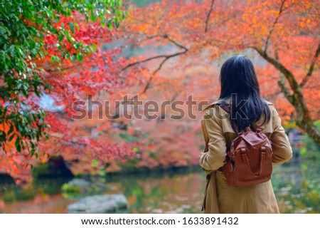 Woman traveller tourist enjoy takes step to see the scenery view of autumn village in Japan countryside, Autumn season change blooming on popular and famous place for tourist visit Japan 