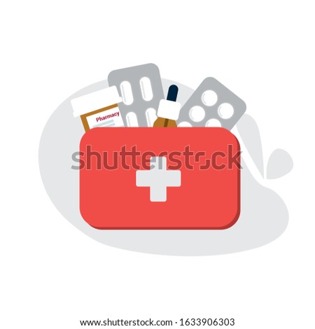 First aid kit with medicines inside. Medicine and health concept. Flat vector illustration.