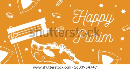 Horizontal design template for Purim. Rattle, mask and hamatashen. Hand drawn outline vector sketch illustration with title