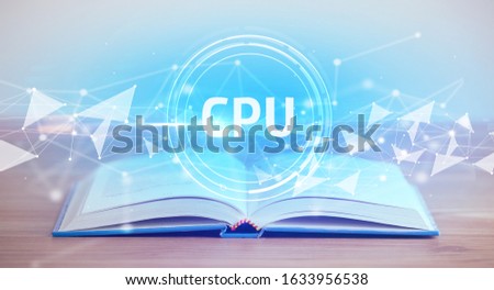 Open book with CPU abbreviation, modern technology concept