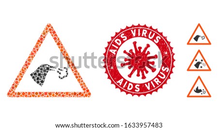 Mosaic bird flu warning icon and red round distressed stamp seal with AIDS Virus text and coronavirus symbol. Mosaic vector is formed with bird flu warning icon and with scatteredraggy elements.