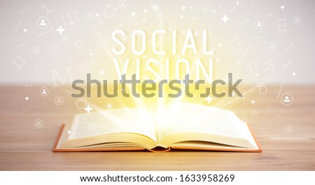Open book with SOCIAL VISION inscription, social media concept