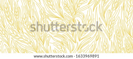 Cereal rye bread background. Leaves and ears of wheat wrapper. Agriculture straw. Orange contour line vector. Horizontal banner. Royalty-Free Stock Photo #1633969891
