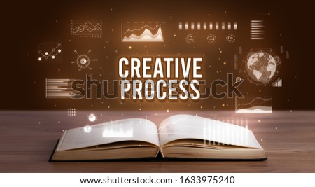 CREATIVE PROCESS inscription coming out from an open book, creative business concept
