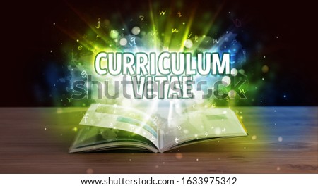 CURRICULUM VITAE inscription coming out from an open book, educational concept