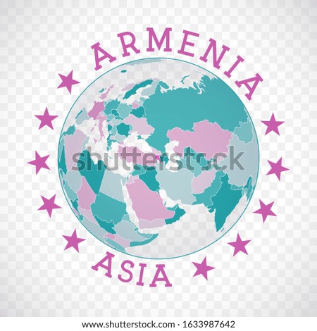 Armenia round logo. Badge of country with map of Armenia in world context. Country sticker stamp with globe map and round text. Authentic vector illustration.