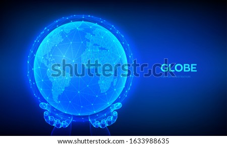 Earth globe illustration. World map point and line composition concept of global network connection. Blue futuristic background with planet Earth in wireframe hands. Vector illustration.