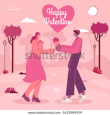 Valentine's Day greeting card. boy giving a girl bouquet of flowers. modern flat style vector illustration