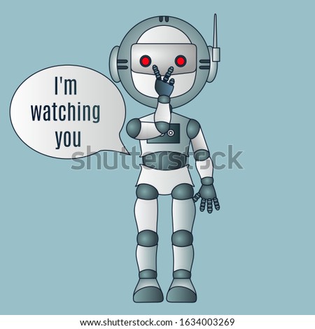 emoticon expressing watching you gesture with fingers pointing to eyes, funny cartoon character with expression, hand drawn robot with antennas and a helmet emoji