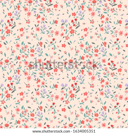 Vintage floral background. Seamless vector pattern for design and fashion prints. Flowers pattern with small pink and red flowers on a light ivory background. Ditsy style.