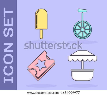 Set Attraction carousel, Ice cream, Ticket and Unicycle or one wheel bicycle icon. Vector