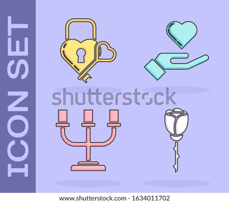 Set Flower rose, Castle in the shape of a heart and key, Candlestick and Heart on hand icon. Vector
