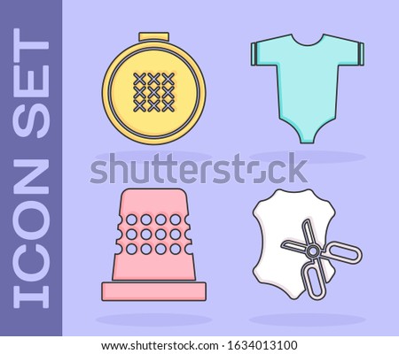 Set Scissors and leather, Round adjustable embroidery hoop, Thimble for sewing and Baby clothes icon. Vector