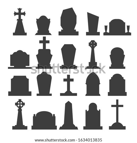 Dark gravestone icons. Grave headstone silhouettes vector blank tombstones, empty gravestones monuments, horror rip tombs vector illustration Royalty-Free Stock Photo #1634013835