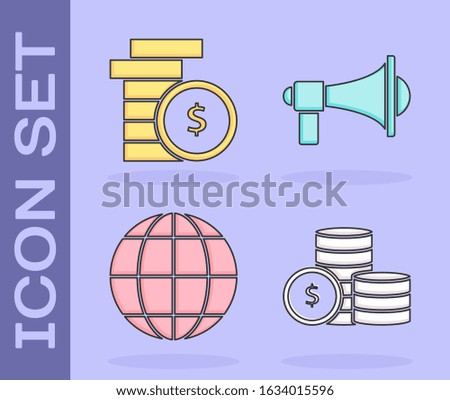 Set Coin money with dollar symbol, Coin money with dollar symbol, Earth globe and Megaphone icon. Vector