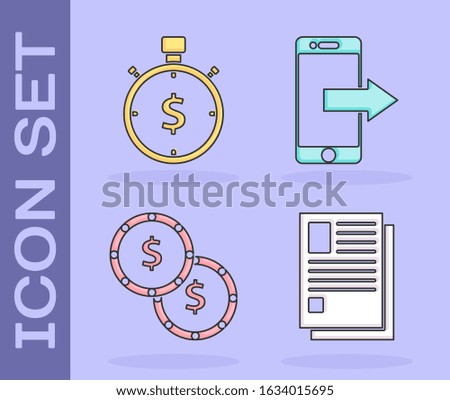Set File document, Time is money, Coin money with dollar symbol and Smartphone, mobile phone icon. Vector
